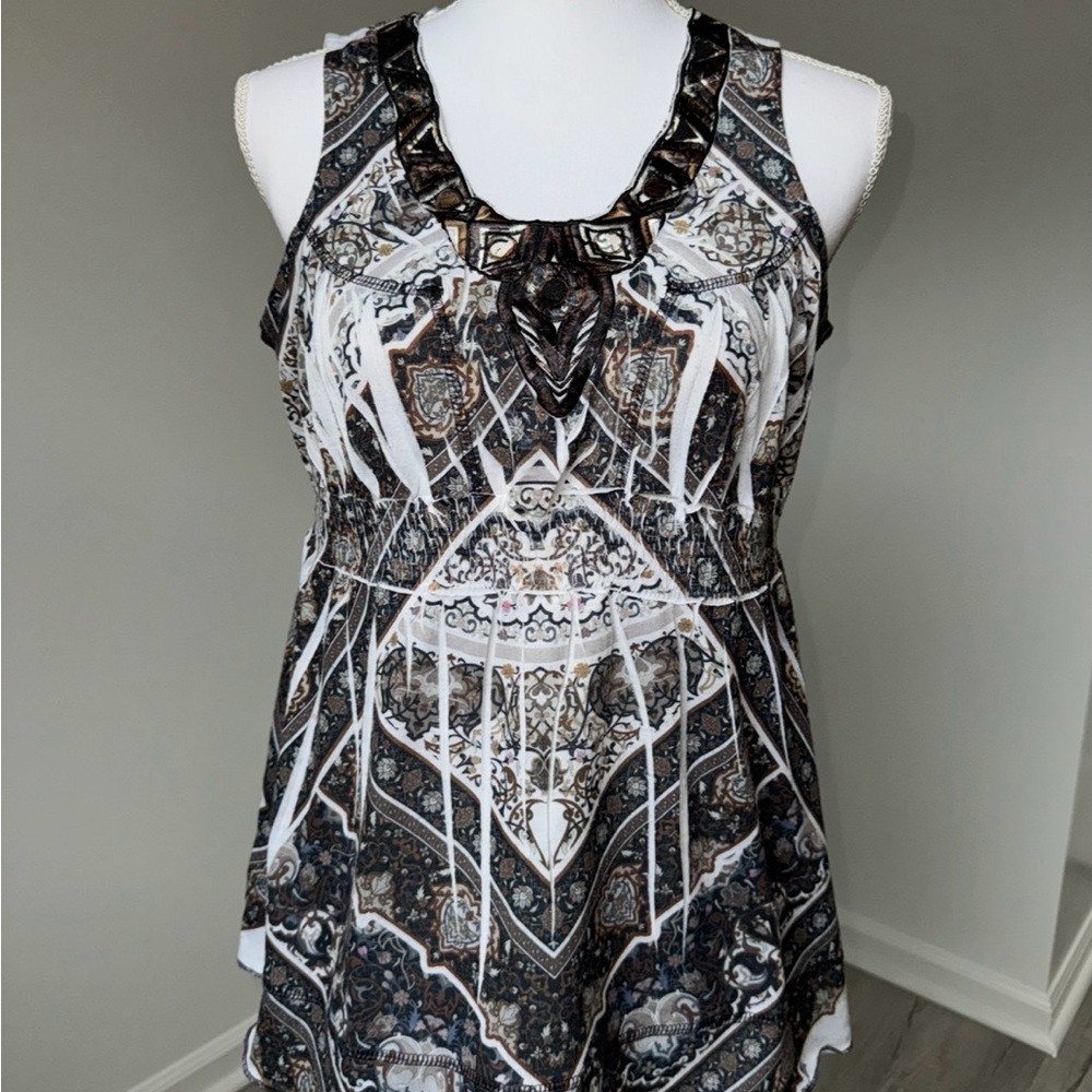 Unity World Wear Boho Tunic Top M Embroidered Neck‎ Sleeveless Festival Print